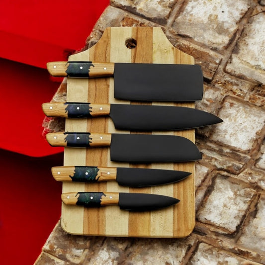 "Custom Kitchen Knife Set with Stainless Steel Blades & Olive Wood Handles" (Primary product shot)

