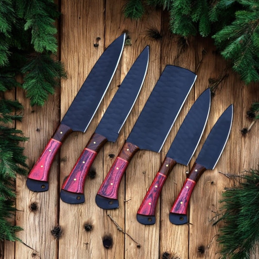 "Custom Kitchen Knives Set with Forged Stainless Steel Blades and Wood Handles"

