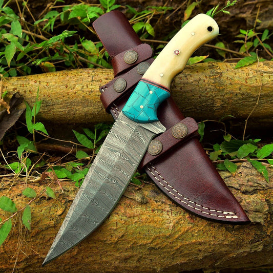 Custom handmade 10-inch Damascus steel hunting knife with camel bone and resin handle"