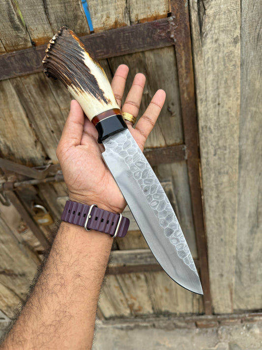 Custom handmade 13-inch D2 steel Bowie knife with stag crown handle and a beautiful leather sheath