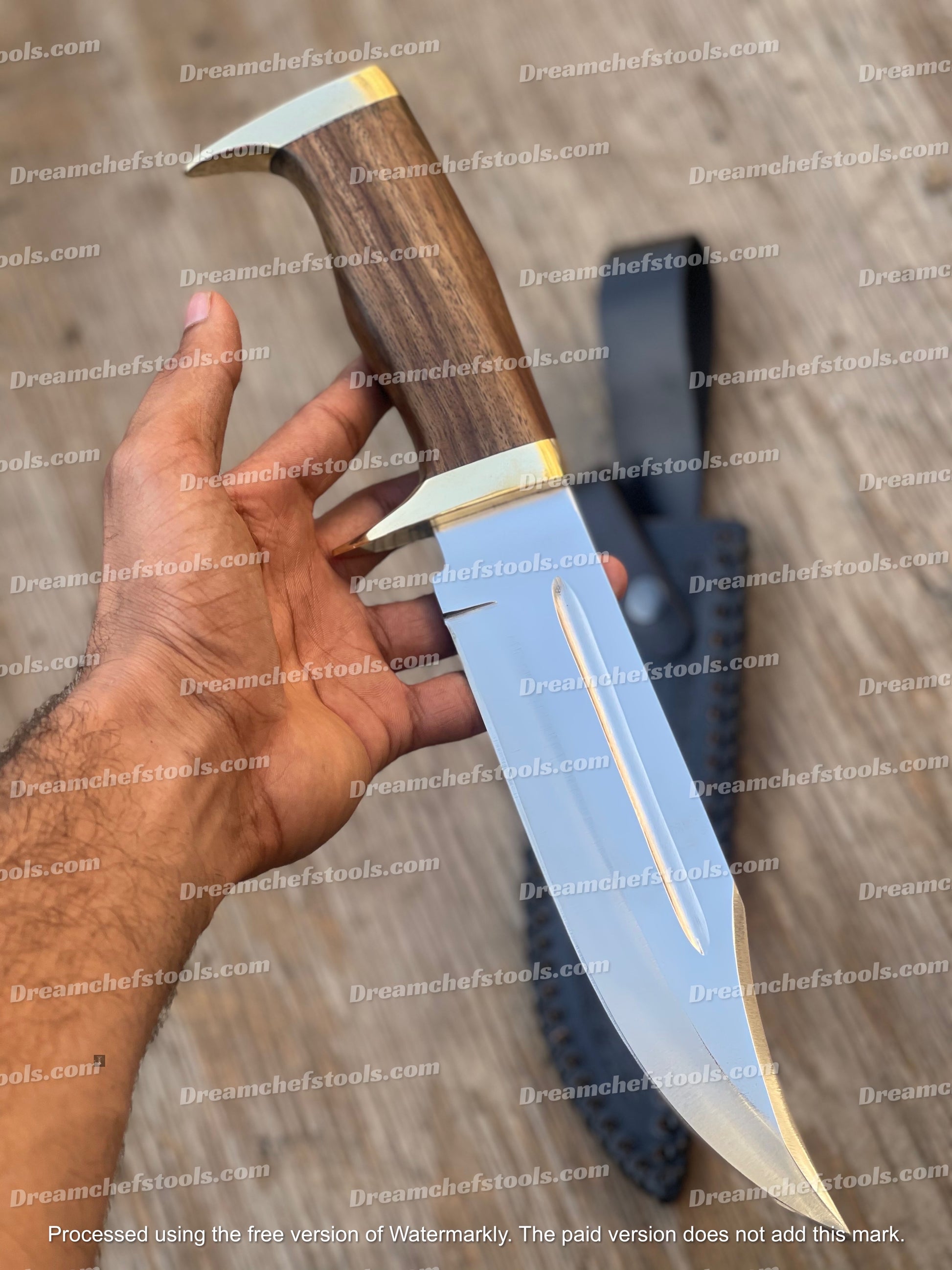 Custom handmade 13-inch D2 steel hunting Bowie knife with an olive wood handle, brass guard, and a beautiful leather sheath