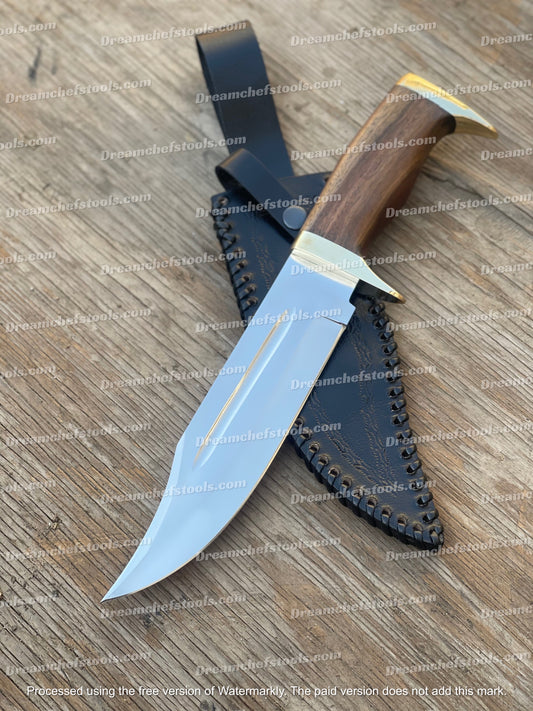 Custom handmade 13-inch D2 steel hunting Bowie knife with an olive wood handle, brass guard, and a handcrafted leather sheath