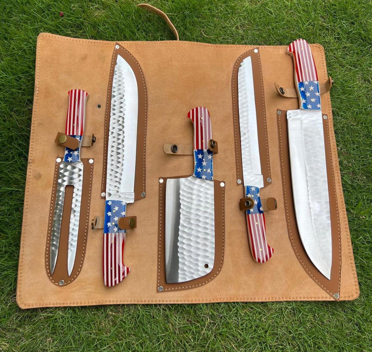 Custom handmade Damascus cooking knife set featuring J2 steel blades and flag-style resin handles, ideal for culinary enthusiasts