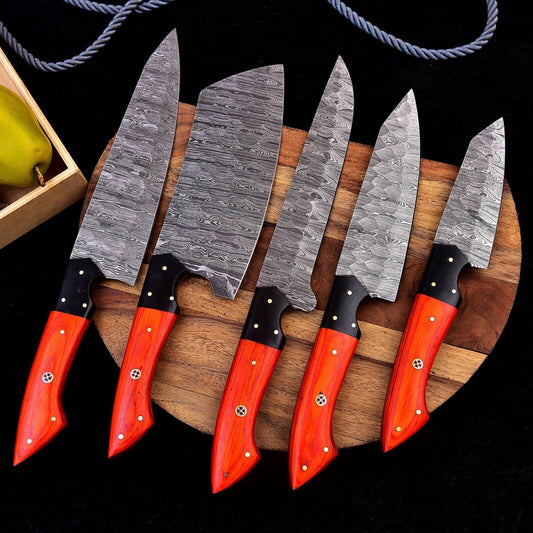 Custom handmade Damascus knife kitchen set featuring 9 to 13-inch hand-forged blades with resin and pakkawood handles, ideal for professional chefs and home cooks