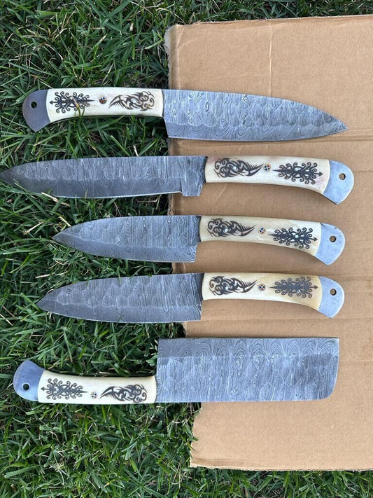 Custom handmade Damascus knife kitchen set featuring engraved camel bone handles and hand-forged blades ranging from 9 to 13 inches