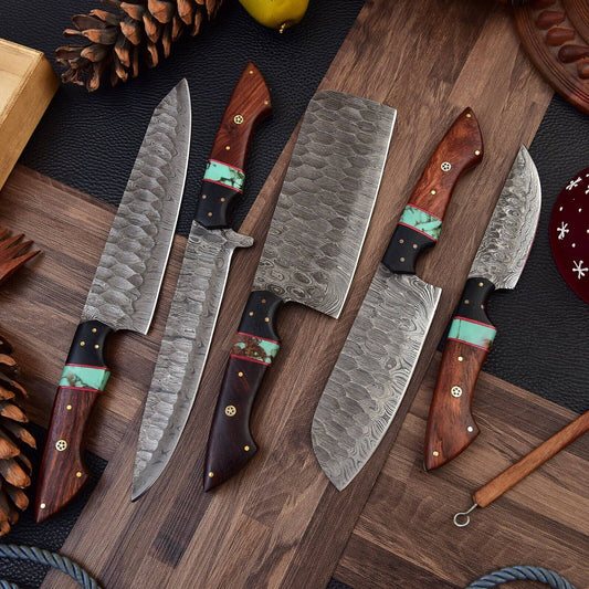 Custom handmade Damascus knife kitchen set featuring hand-forged blades with resin and rosewood handles, showcasing a variety of blade lengths from 9 to 13 inches