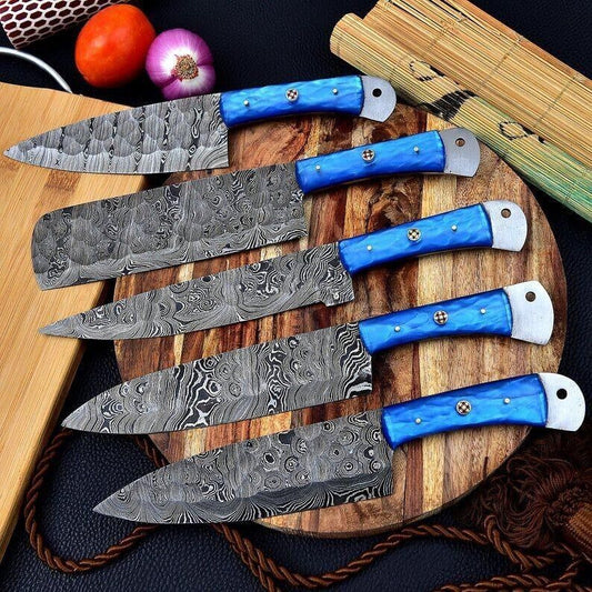 Custom handmade Damascus knife kitchen set with ergonomic resin handles and hand-forged blades