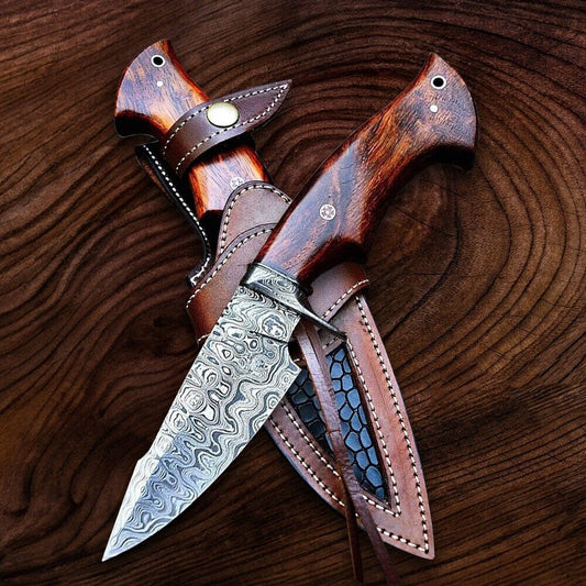 Custom handmade Damascus steel Bobcat knife with 10-inch blade, Damascus steel guard, and rosewood handle, includes leather sheath."