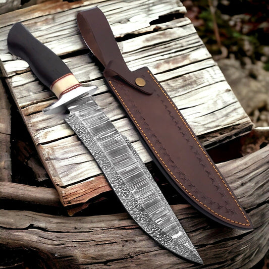 Custom handmade Damascus steel Bowie knife with a Wenge wood handle and leather sheath