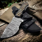 Custom handmade Damascus steel Tom Brown tracker knife with full tang and leather sheath.