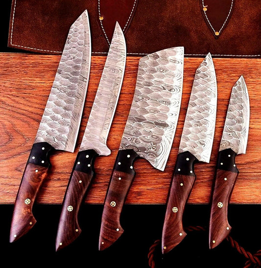 Custom handmade Damascus steel chef knife set with 9” to 13” blades, featuring rosewood and resin handles