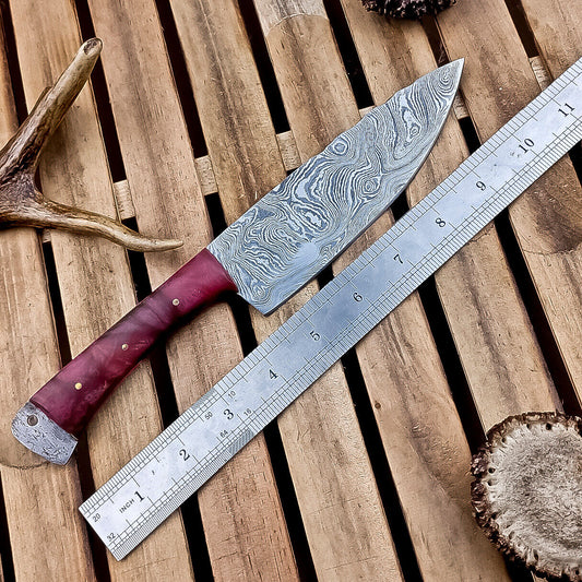 Custom handmade Damascus steel chef knife with 5-inch blade and resin handle