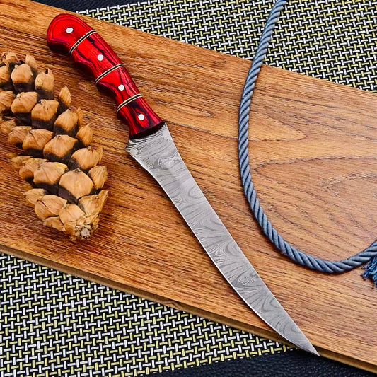 Custom handmade Damascus steel fishing fillet knife with a 13-inch blade and Pakka wood handle, featuring a sharp edge and leather sheath