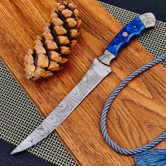 Custom handmade Damascus steel fishing fillet knife with a 13-inch blade, resin handle, Damascus steel bolster, and leather sheath
