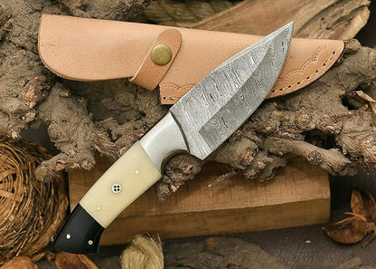 Custom handmade Damascus steel hunting knife with 10-inch blade, camel bone and buffalo horn handle, and leather sheath