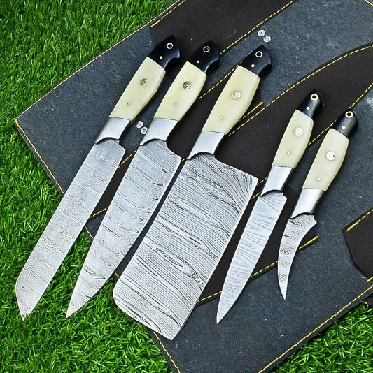 "Custom handmade Damascus steel kitchen chef set with 9 to 13-inch blades, camel bone handles, steel bolsters, and black leather sheath.