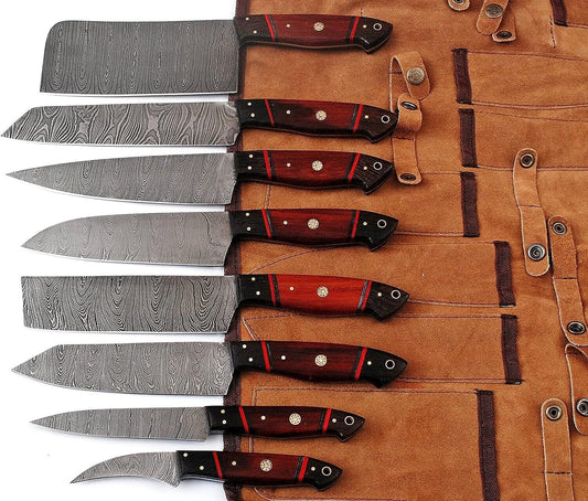 Custom handmade Damascus steel knife set with 8-inch blade and rosewood resin handle
