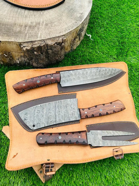 Custom handmade Damascus steel knife set with 9” to 10” hand-forged blades and pakkawood handles, perfect for culinary use or collections.