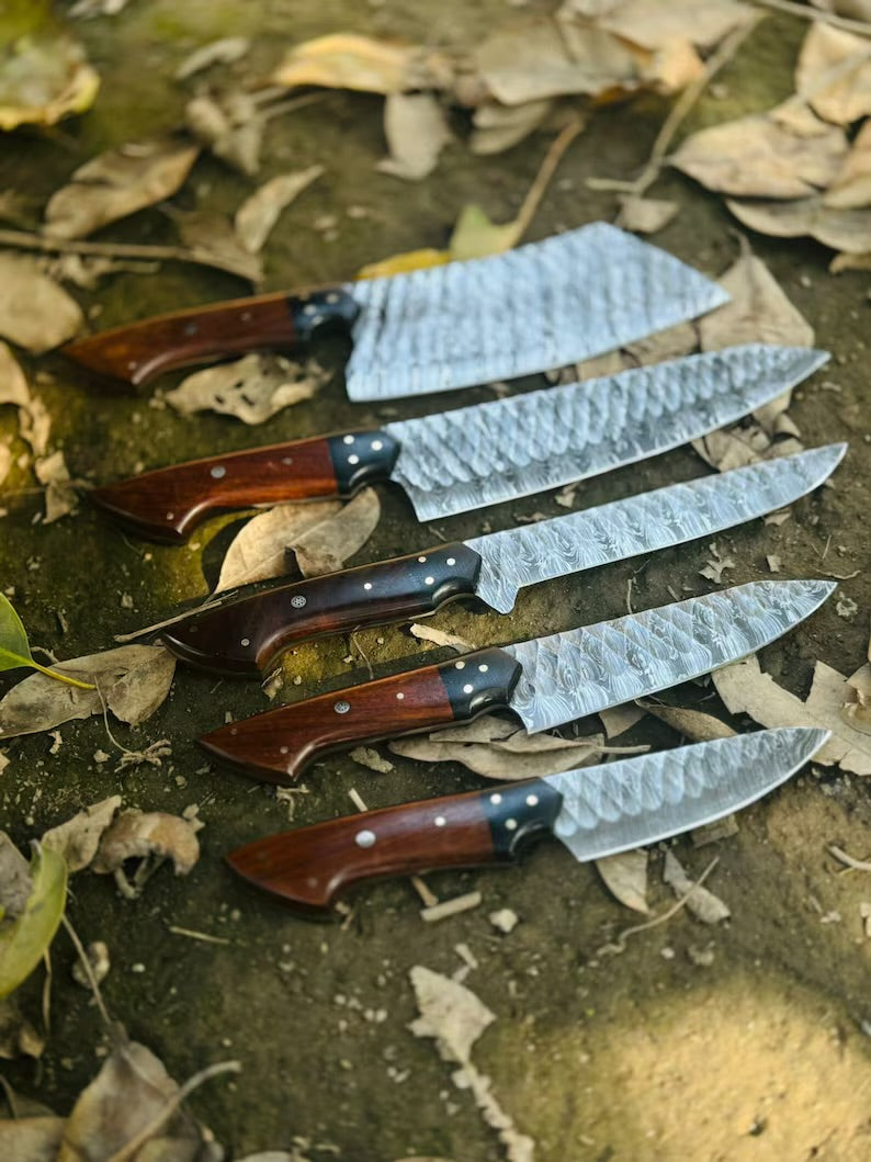 Custom handmade Damascus steel knife set with rosewood and buffalo horn handles, 9-13 inch blades