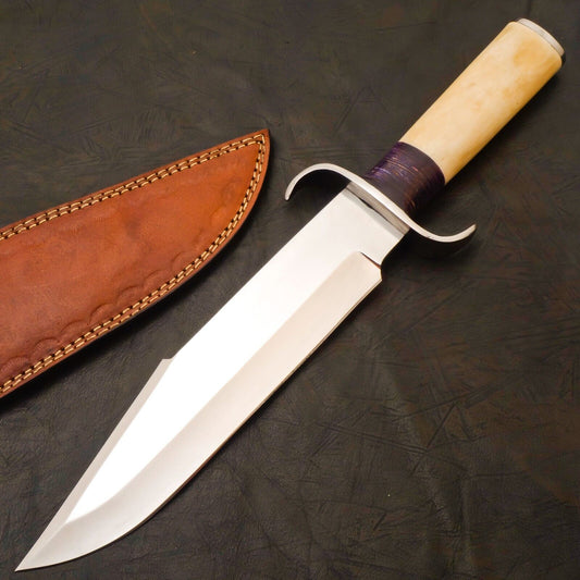 Custom handmade J2 steel Bowie knife with camel bone and pakkawood handle.