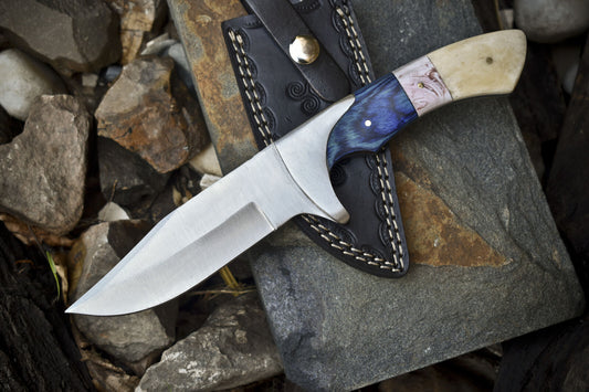 Custom handmade J2 steel hunting knife with pakkawood and camel bone handle, includes leather sheath.
