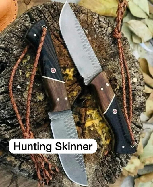 Custom handmade J2 steel hunting knife with rosewood and pakkawood handle.