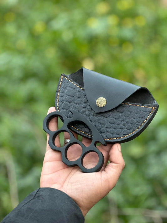 Custom Handmade Brass Knuckle Duster – Black Steel with Leather Case