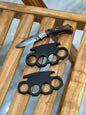 Custom handmade black steel knuckle with pocket knife and belt loop leather case