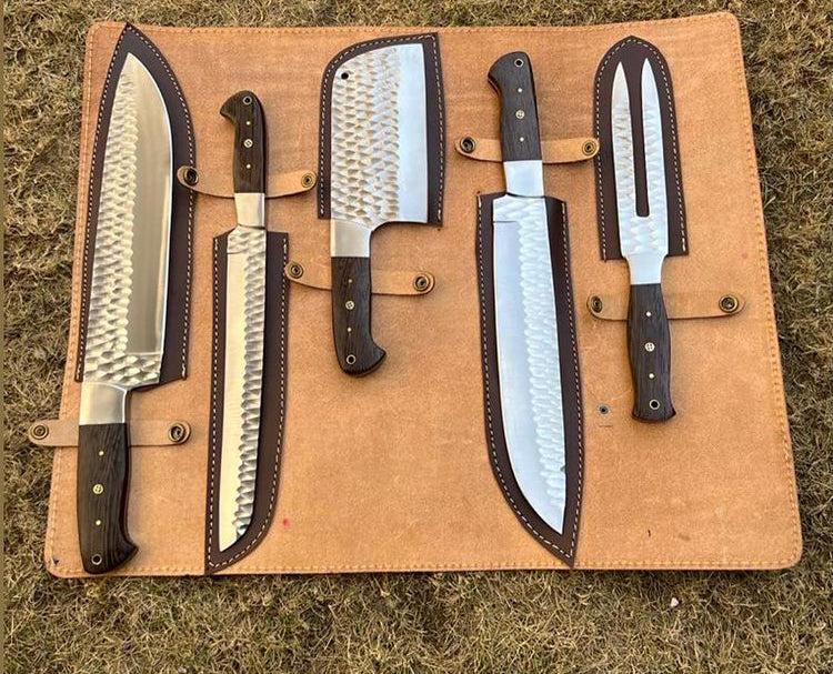 Custom handmade blue knife with hand-forged J2 steel blade and Wangi wood handle