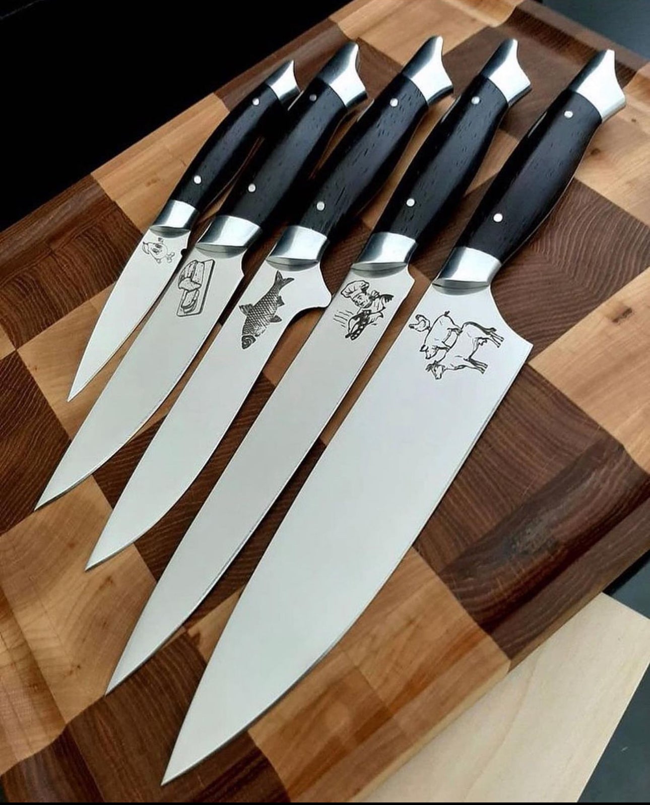 Custom handmade blue knives with J2 steel blades and resin handles, showcasing unique engravings and elegant design