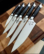 Custom handmade blue knives with J2 steel blades and resin handles, showcasing unique engravings and elegant design