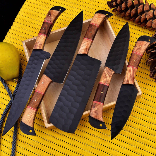 Custom handmade blue knives with hand-forged J2 powder coat steel blades and rosewood or olive wood handles