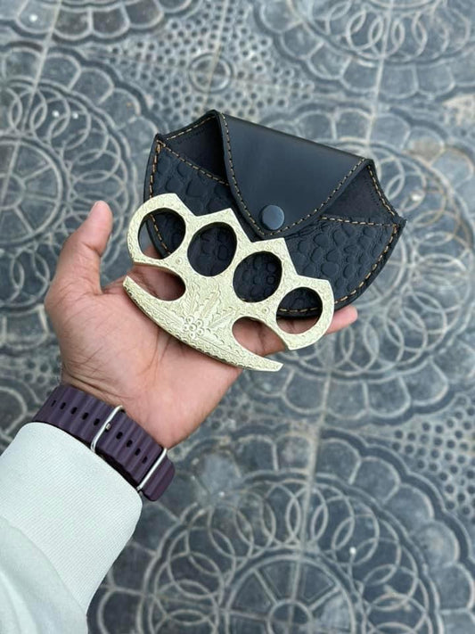 handmade engraved brass knuckle with belt loop leather case for self-defense