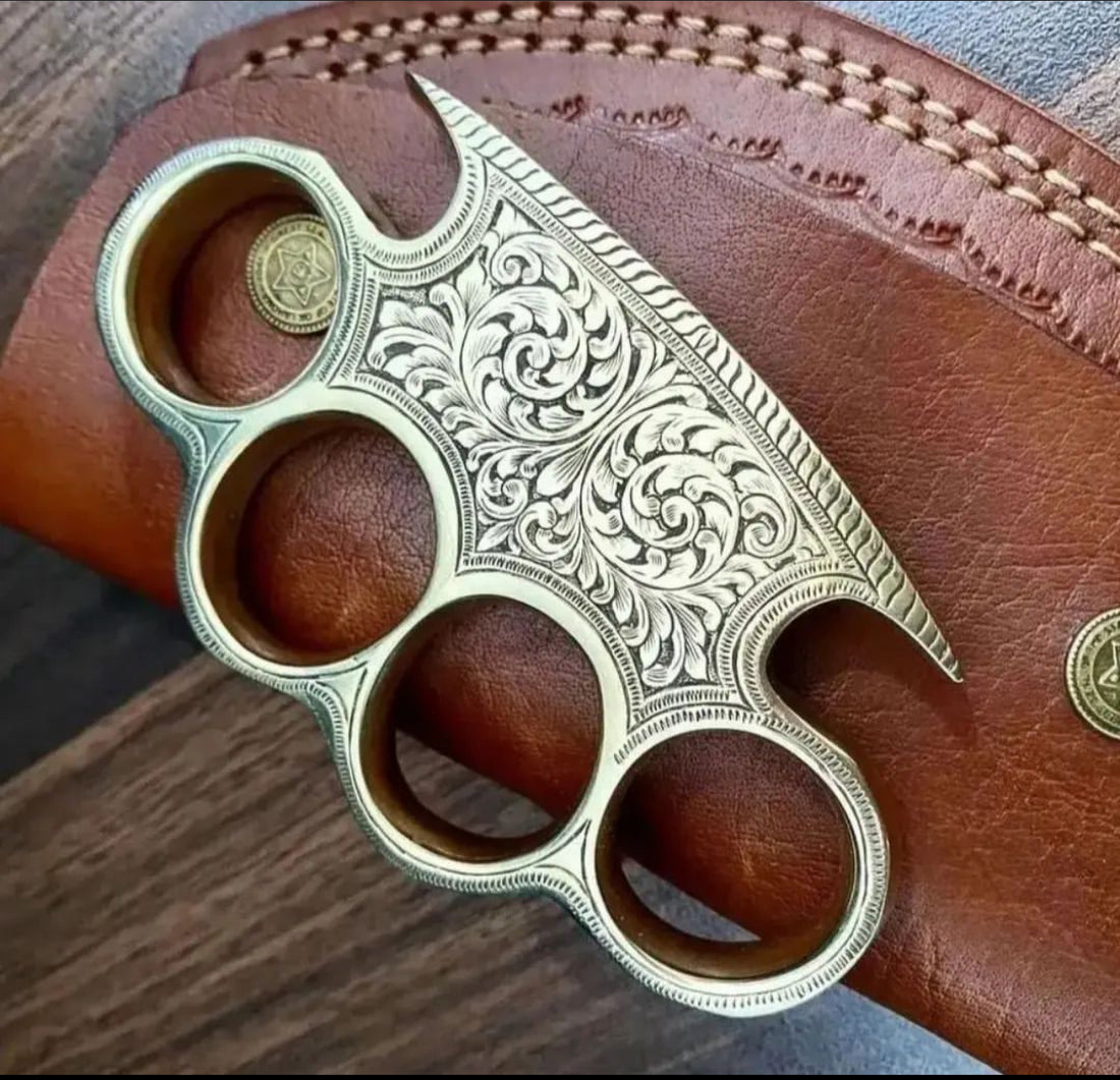 Custom Handmade Brass Engraved Knuckle with Leather Belt Loop Case - S ...
