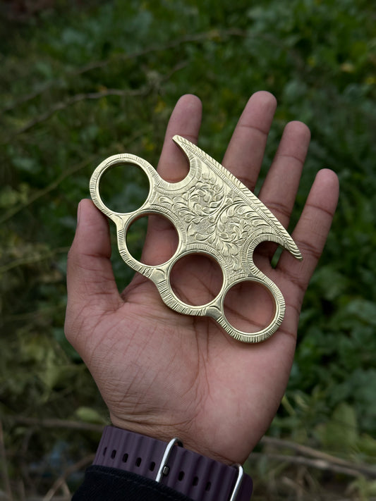 Custom handmade engraved brass knuckle with belt loop leather case for self-defense