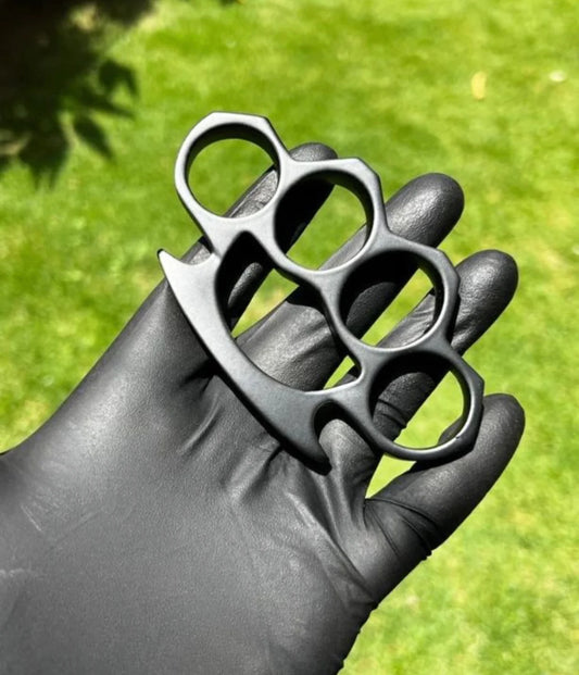 Custom handmade hand-casted black brass knuckle duster with belt loop leather case