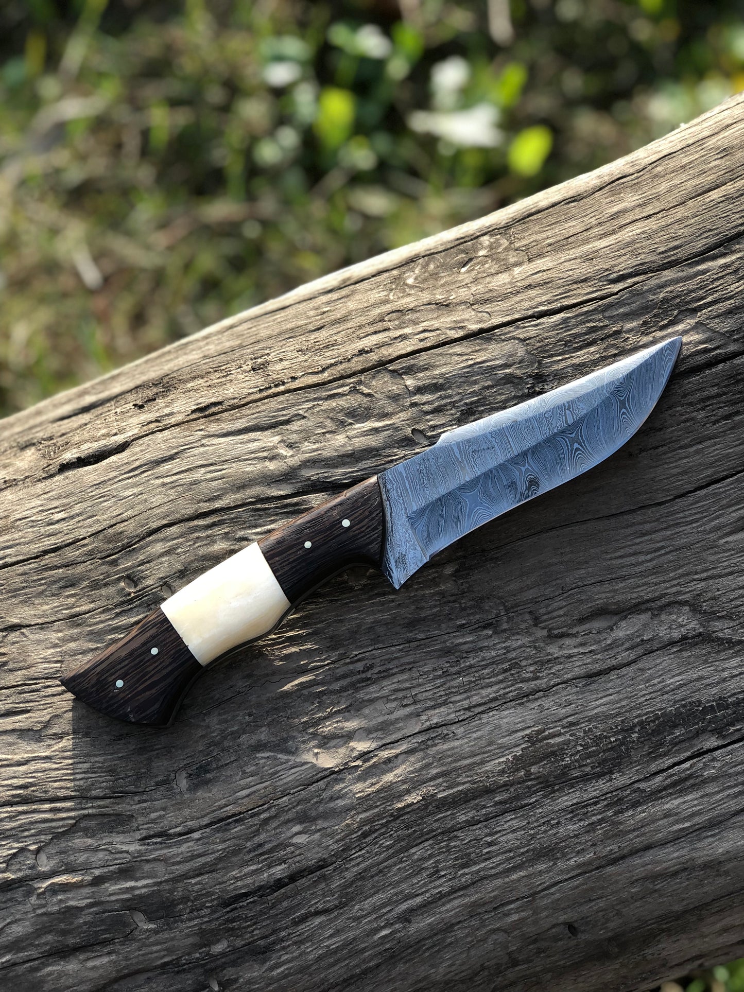 The Wilderness Elite: 10.5-Inch Hunting Knife with Full Tang Damascus Steel Blade, Bone and Wenge Wood Handle