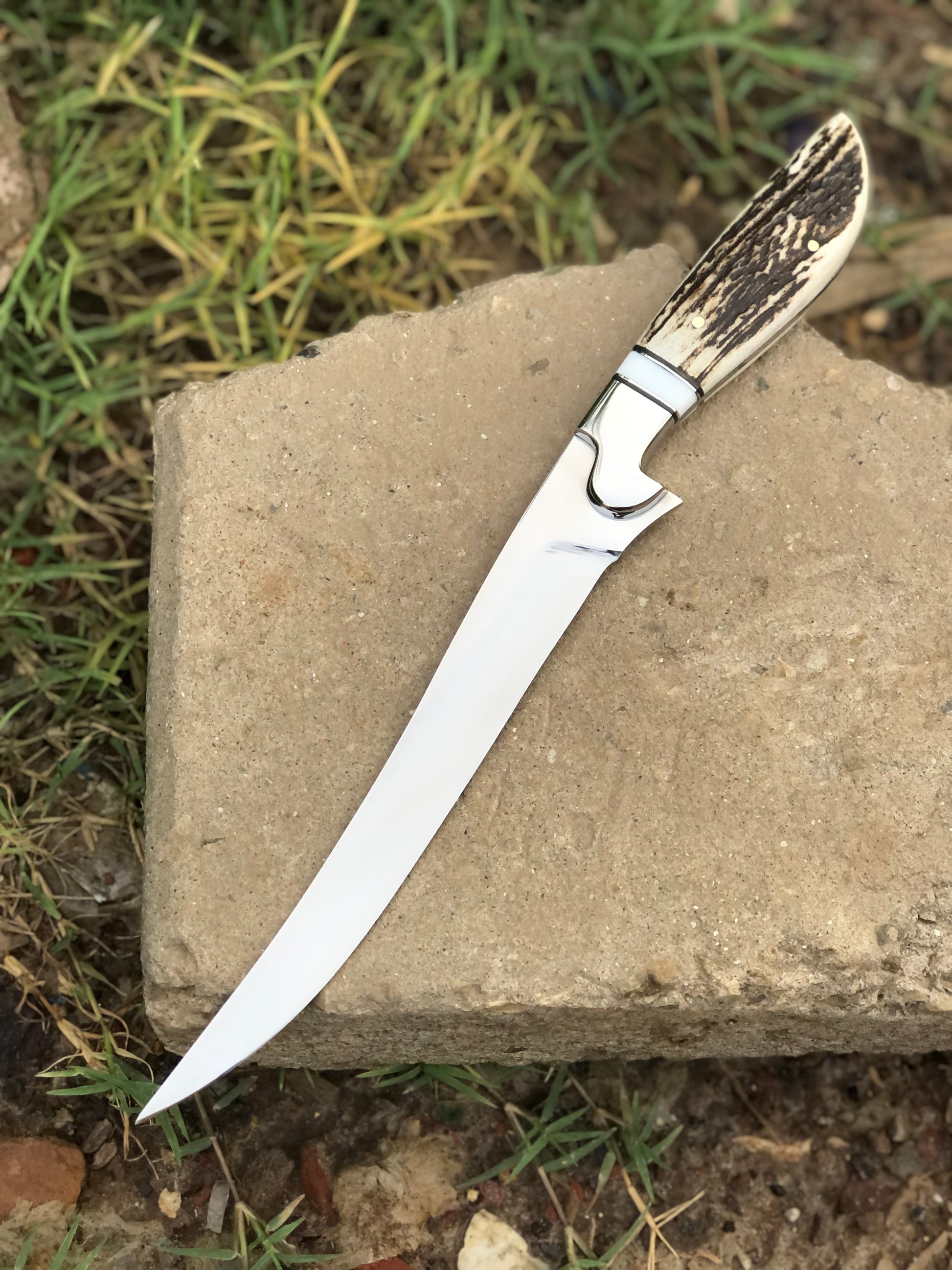 D2 Steel Fillet Knife with Stag Horn Handle, Steel Bolster, and Sharp Blade for Fishing