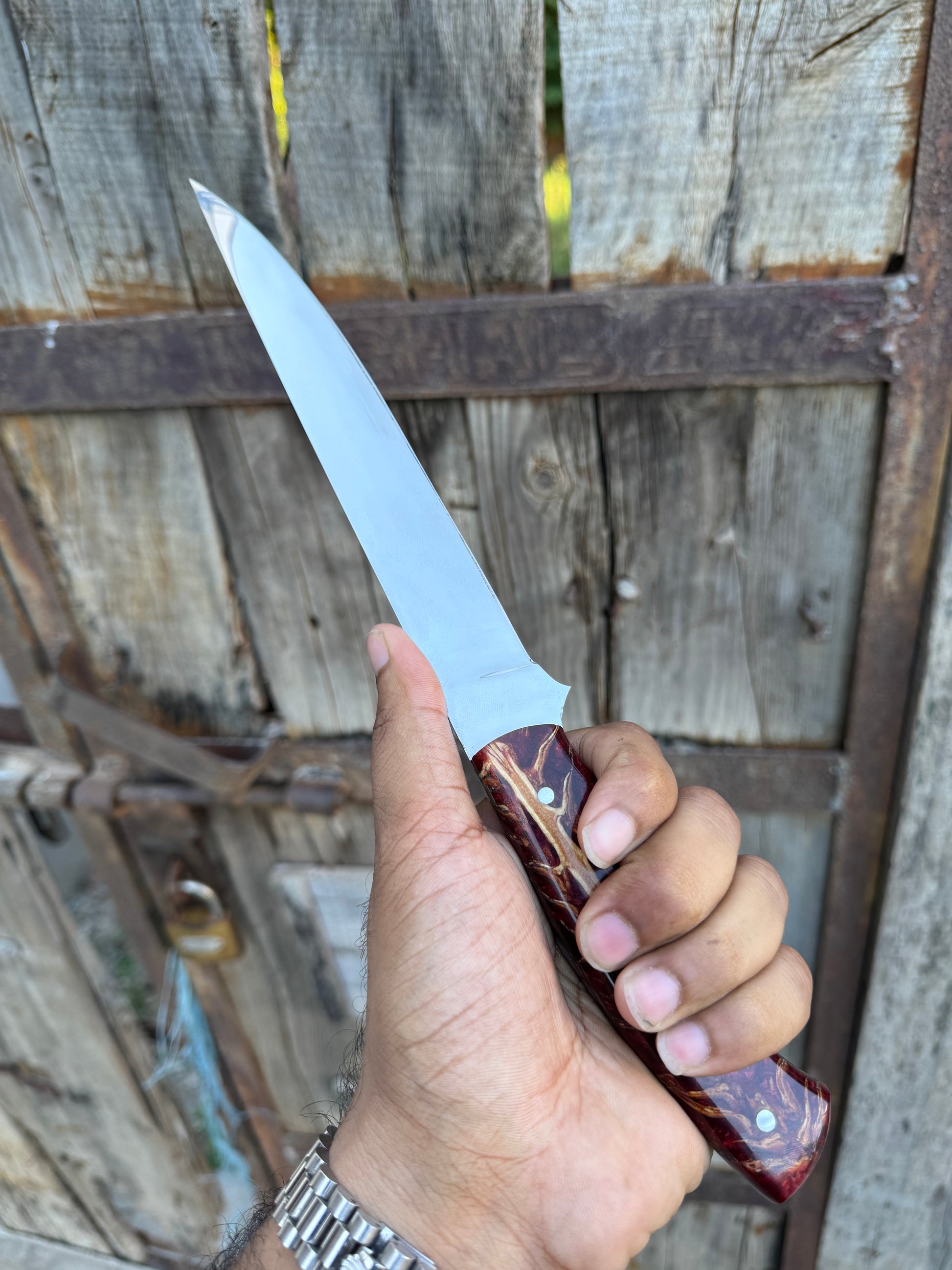 Custom Handmade J2 Steel Boning Knife with Epoxy Pine Cone Resin Handle & Leather Sheath – 13" Precision Boning Tool
