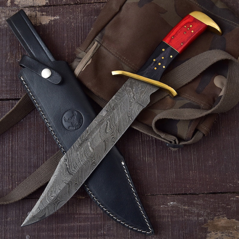 Handmade Damascus Steel Rambo Bowie Knife with Brass Wood Handle and Custom Leather Sheath”