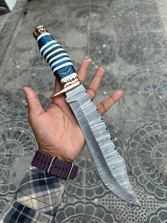 The Masterpiece Bowie: 14-Inch Damascus Steel Bowie Knife with Exotic Pakka Wood, Bone, Brass Guard, and Spacers