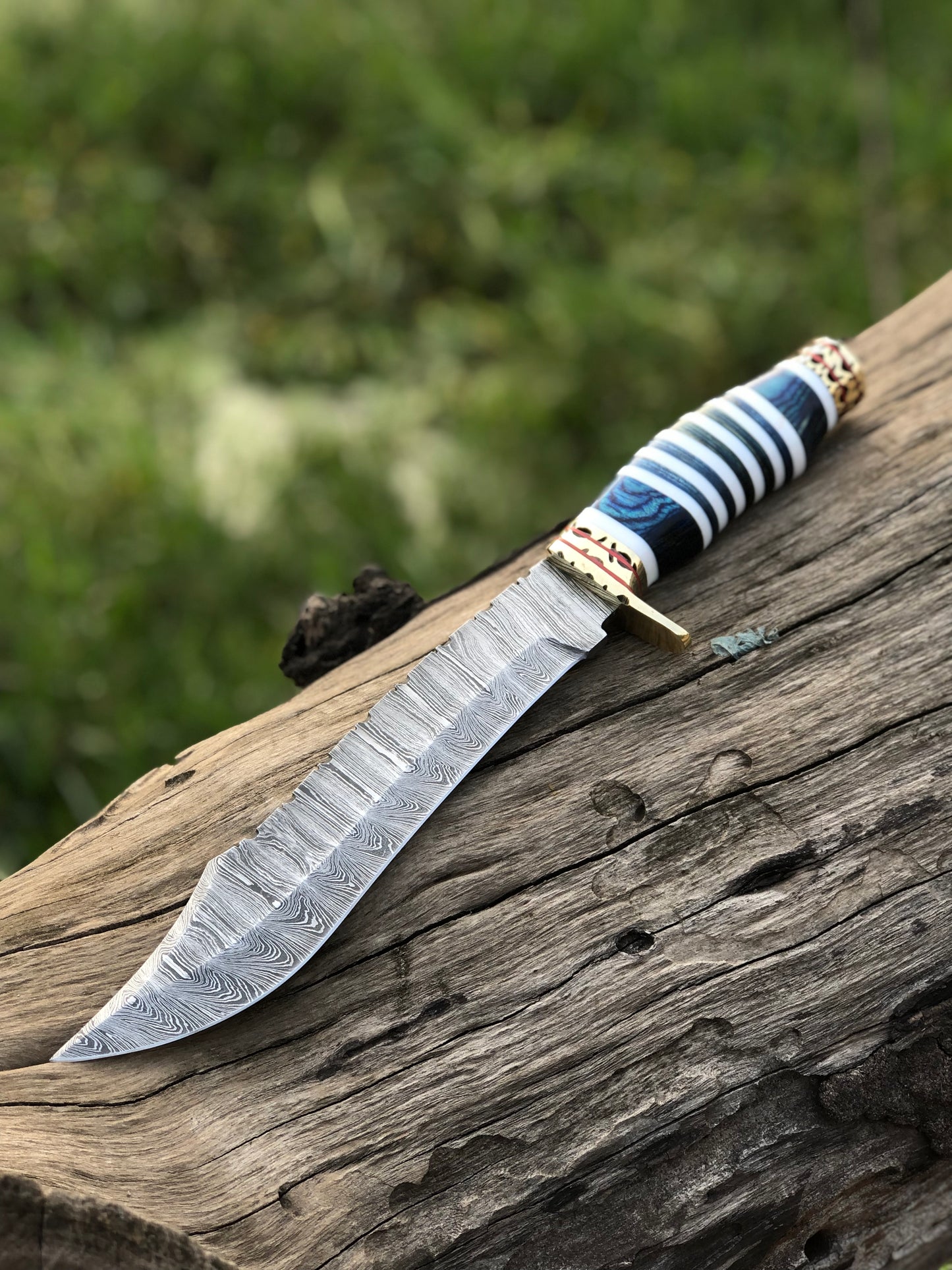 The Masterpiece Bowie: 14-Inch Damascus Steel Bowie Knife with Exotic Pakka Wood, Bone, Brass Guard, and Spacers