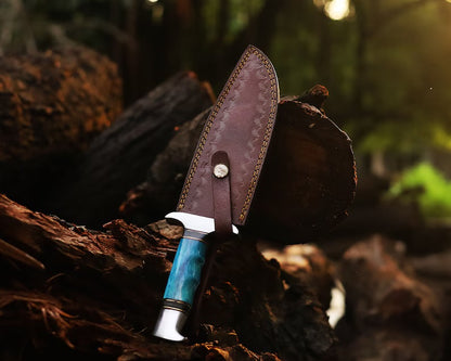 Custom Handmade J2 Steel Bowie Knife – 13-Inch Blade with Colorful Bone Handle & Steel Guard, Premium Leather Sheath Included