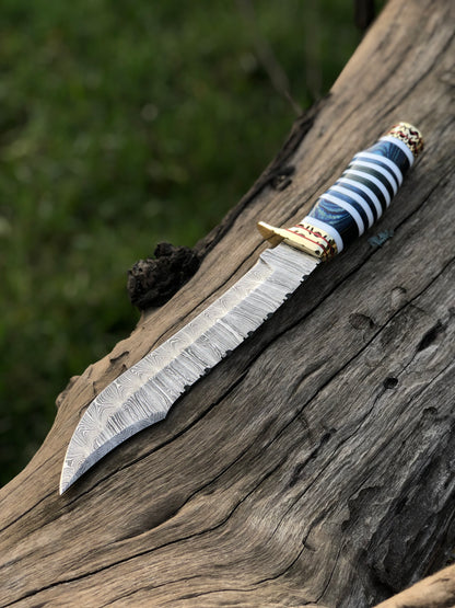 The Masterpiece Bowie: 14-Inch Damascus Steel Bowie Knife with Exotic Pakka Wood, Bone, Brass Guard, and Spacers