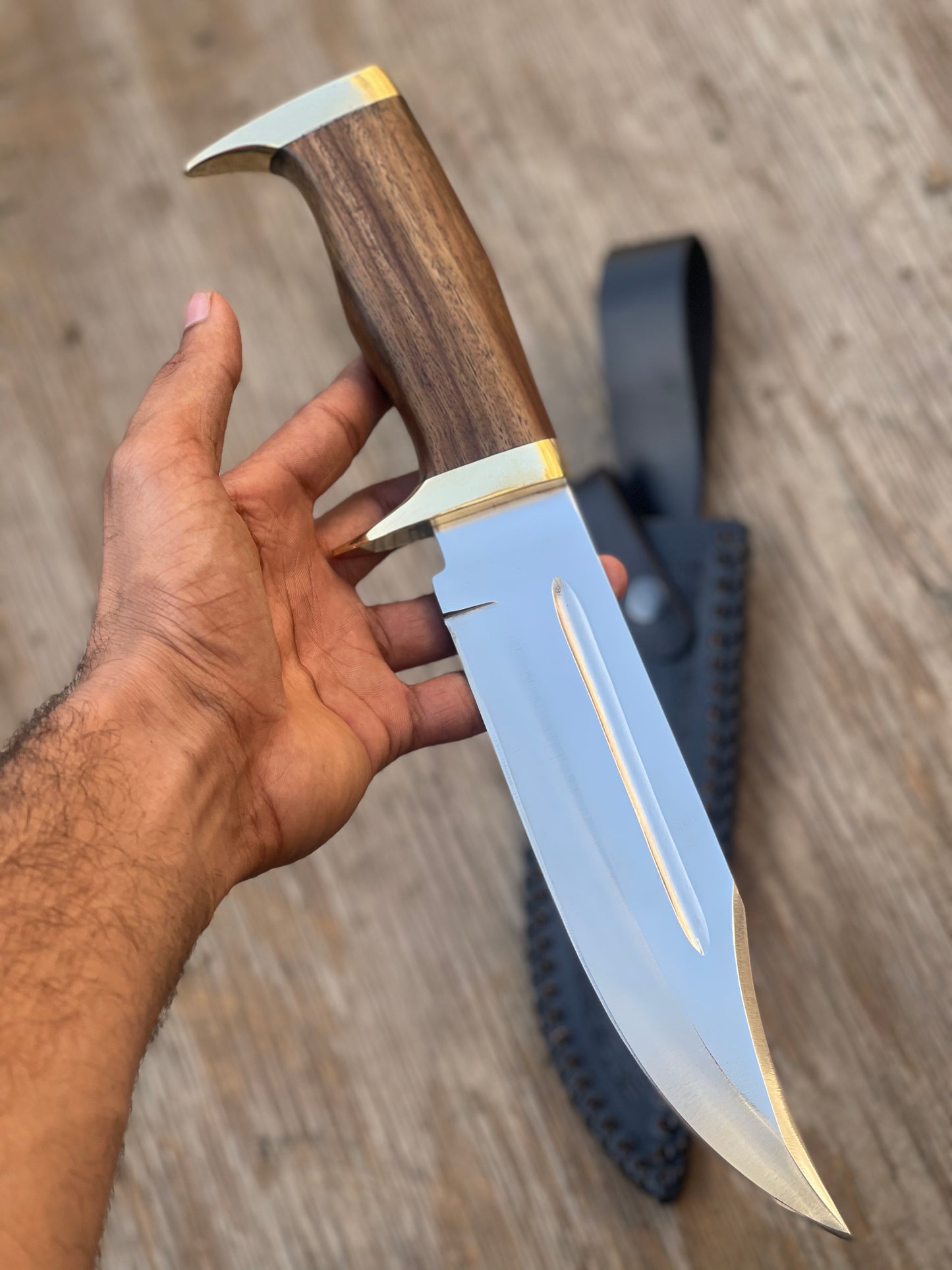 Custom Handmade J2 Steel Bowie Knife with Brass Guard and Rosewood Handle, 13-inch Overall Length, with Leather Sheath”