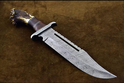 Custom handmade Damascus steel Bowie knife with Damascus steel guard, rosewood handle, and stag crown, complete with leather sheath.