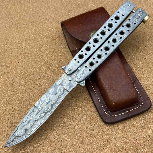 Damascus Balisong Butterfly Knife with Damascus steel handle and blade, including leather sheath