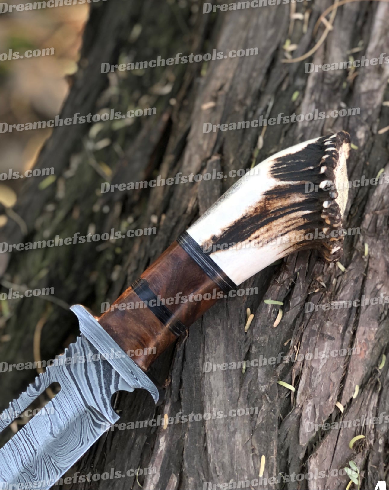 Damascus Bowie Knife with Leather Sheath - 15-inch blade, full tang design, and luxurious stag crown antler and rosewood handle