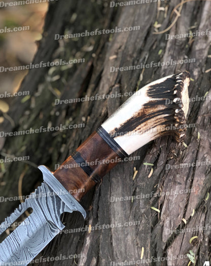 Damascus Bowie Knife with Leather Sheath - 15-inch blade, full tang design, and luxurious stag crown antler and rosewood handle