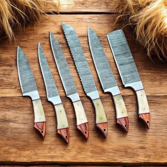 "Damascus Knife Set with Leather Case – High-Carbon Steel Blades & Camel Bone Handle"

